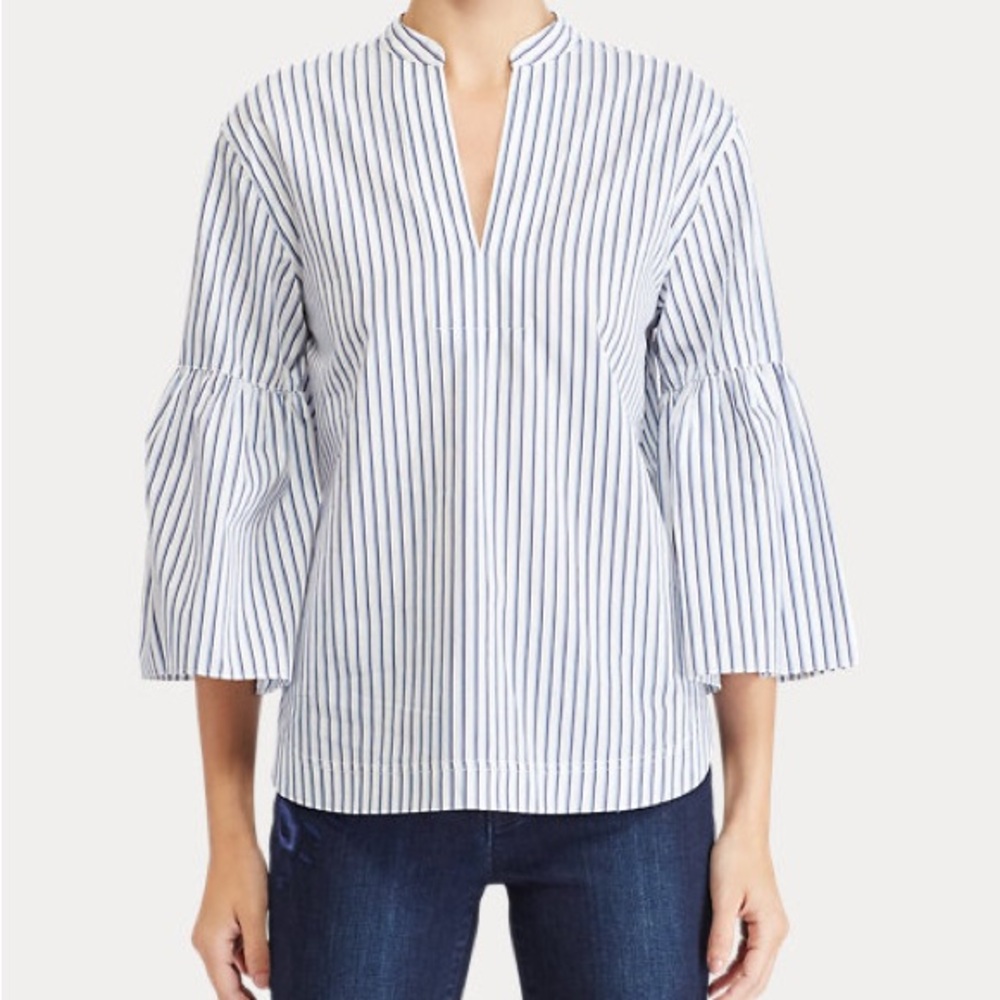 Lauren Ralph Lauren White and Navy Striped Bell-Sleeve Popover Top